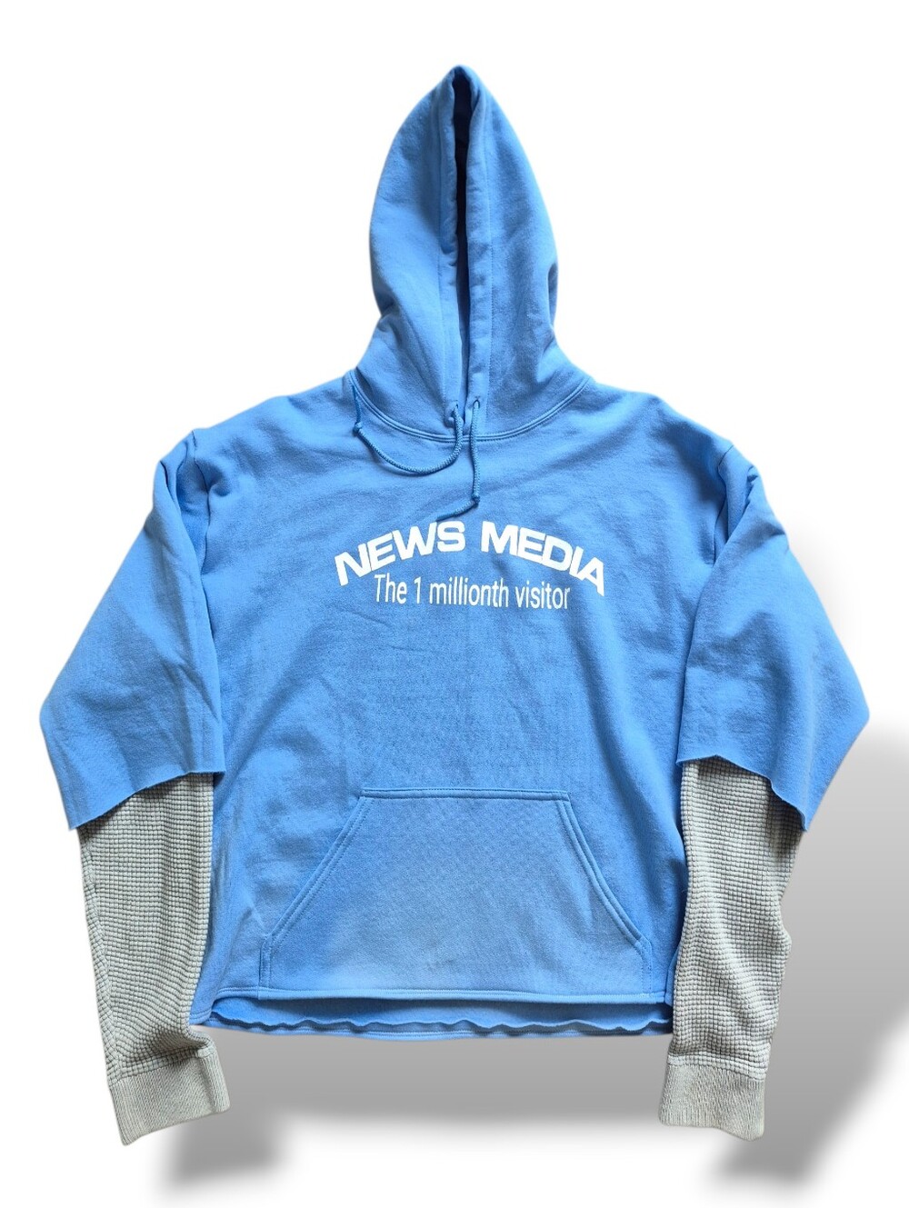 Light Blue Cropped Hoodie with Layered Thermal Knit Sleeves